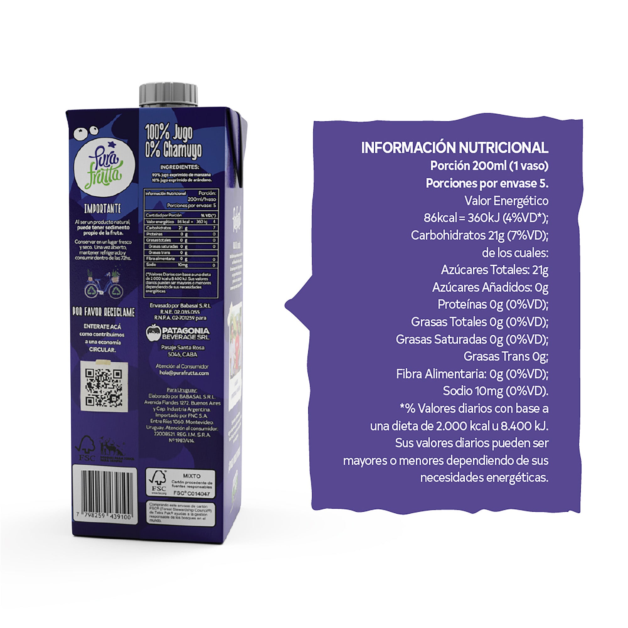 Jugo de Arándanos y Manzana 100% Exprimido – Pura Frutta 1L